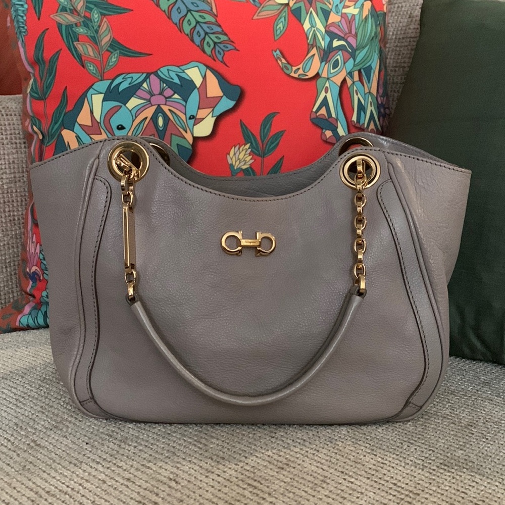 Salvatore Ferragamo Gray Leather Shoulder Bag with Gold Hardware